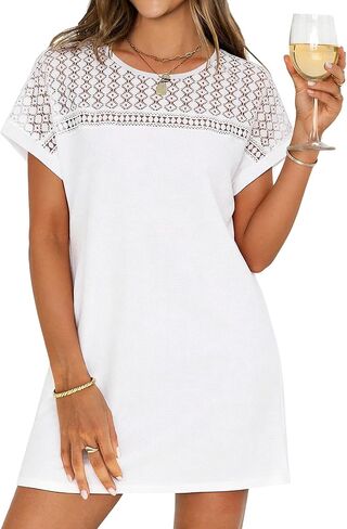 HDLTE Womens Crochet Swim Cover Up Short Sleeve Waffle Knit Tops Bathing Suit Beach Dress Crew Neck Hollow Out Dresses in Saudi Arabia