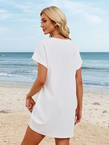 HDLTE Womens Crochet Swim Cover Up Short Sleeve Waffle Knit Tops Bathing Suit Beach Dress Crew Neck Hollow Out Dresses in Saudi Arabia