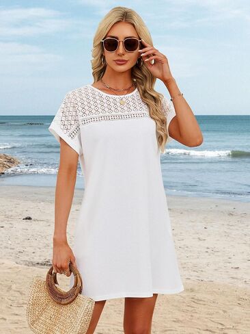 HDLTE Womens Crochet Swim Cover Up Short Sleeve Waffle Knit Tops Bathing Suit Beach Dress Crew Neck Hollow Out Dresses in Saudi Arabia