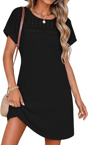 HDLTE Womens Crochet Swim Cover Up Short Sleeve Waffle Knit Tops Bathing Suit Beach Dress Crew Neck Hollow Out Dresses in Saudi Arabia