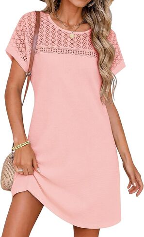 HDLTE Womens Crochet Swim Cover Up Short Sleeve Waffle Knit Tops Bathing Suit Beach Dress Crew Neck Hollow Out Dresses in Saudi Arabia