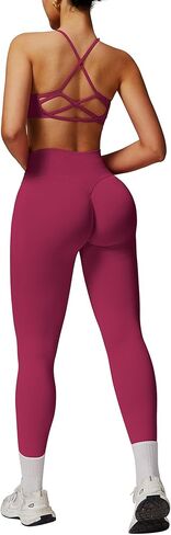 ABOCIW Workout Sets for Women 2 Piece Seamless Backless Strappy Sports Bra Scrunch Butt Lifting High Waist Leggings Gym Set Work Out Clothes Berry Red Medium in Saudi Arabia
