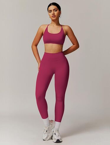 ABOCIW Workout Sets for Women 2 Piece Seamless Backless Strappy Sports Bra Scrunch Butt Lifting High Waist Leggings Gym Set Work Out Clothes Berry Red Medium in Saudi Arabia