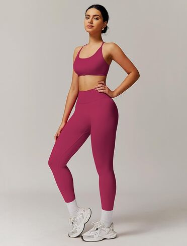ABOCIW Workout Sets for Women 2 Piece Seamless Backless Strappy Sports Bra Scrunch Butt Lifting High Waist Leggings Gym Set Work Out Clothes Berry Red Medium in Saudi Arabia