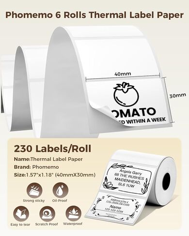Phomemo Labels M110-1380 Pcs 1.57"x1.18" (40mm x 30mm) Thermal Labels- for M110/M220/M100/M221/M250/M260 Label Printer,for Barcode/Address/Mailing/Logo/Business/Home, Black On White in Saudi Arabia