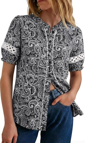 GRACE KARIN Women Boho Floral Tops, Summer Short Eyelet Sleeve Dressy Casual Shirts, Spring Button Down Blouse 2026 Trendy in Saudi Arabia