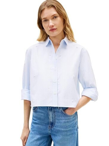 Tommy Hilfiger Womens Poplin Cropped Long Sleeve Button Down Shirt with Pearl Embellishment in Saudi Arabia