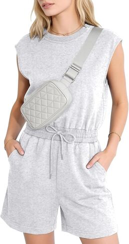 Flygo Womens Casual Jumpsuit Cap Sleeve Open Back One Piece Outfits Drawstring Waist Crewneck Romper with Pocket in Saudi Arabia