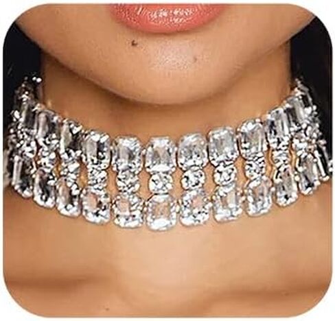 Wekicici Luxury Silver Rhinestone Choker Necklace Wide Full Crystal Collar Neaklace Costume Statement Jewelry for Women Party Prom Bar Neck Chain in Saudi Arabia