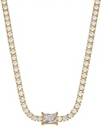 18K Yellow Gold-Plated Emerald-Cut Cubic Zirconia Diamond Tennis Chain Choker Necklace for Women, 16" – Non-Tarnish, Hypoallergenic, Gift Jewelry in Saudi Arabia