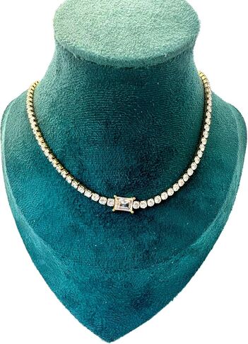 18K Yellow Gold-Plated Emerald-Cut Cubic Zirconia Diamond Tennis Chain Choker Necklace for Women, 16" – Non-Tarnish, Hypoallergenic, Gift Jewelry in Saudi Arabia