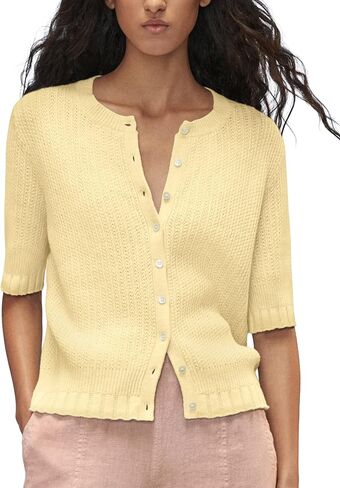 سترة نسائية متماسكة نصف كم خفيفة الوزن مضلعة مفتوحة من الأمام وزر لأسفل ورقبة دائرية سترة كاجوال in Kuwait