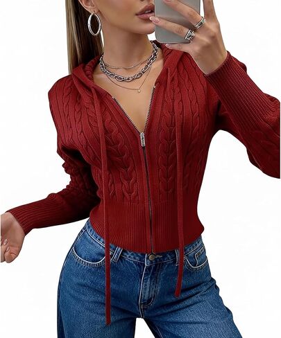 المرأة زمم هوديي كابل متماسكة سترة المحاصيل سترة سترة 2026 ملابس علوية بأكمام طويلة للربيع Y2k سترة in Kuwait