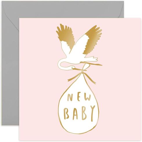 Old English Co. Pastel Pink Stork New Baby Girl Card - Gold Foil Special Baby Arrival Congratulations Card for Parents | Cute Design For Mum and Dad| Blank Inside & Envelope Included in Kuwait