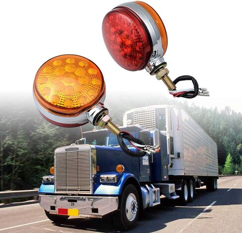2pc 4" Round Double Face Single Stud Mount Red/Amber 42-LED Fender Reflective Stop Turn Signal Lights w/Chrome ABS Housing Sealed Compatible with Kenworth Peterbilt Freightliner Western Star Volvo in Saudi Arabia