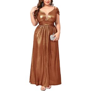 Plus Size Shimmer Metallic Maxi Dress Sexy V-Neck Cold Shoulder Ruched Evening Gown Sparkly Wedding Guest Party in Kuwait