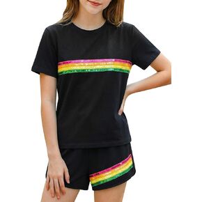 Kids4ever الفتيات ملابس الصيف 2 قطعة وتتسابق الاطفال قوس قزح مجموعة تي شيرتات قصيرة للأطفال فتاة عادية تي شيرت و مرونة الخصر السراويل 7-14Y in Kuwait