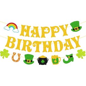 St. Patrick's Day Birthday Banner - Pre-Strung Gold Glitter Saint Patrick’s Day Decorations, Shamrocks Clover Irish Day Theme Garland for Home, Classroom & Office Birthday Party in Kuwait