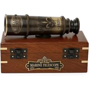 Vintage Marine Telescope with Decorative Wooden Storage Box, Brass Finish Handheld Monocular for Bird Watching, Sailing & Décor in Saudi Arabia
