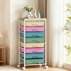 Rolling Cart with 8 Drawers, Plastic Drawer Storage Carts with Wheels & Wooden Tabletop, Metal Utility Cart Organizer for Bedroom Living Room Office Classroom Craft Organization and Storage, Black in Kuwait