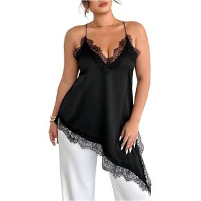 Women's Plus Size Lace Trim Camisole Tops Summer Criss Cross Deep V Neck Asymmetrical Going Out Tops in Saudi Arabia
