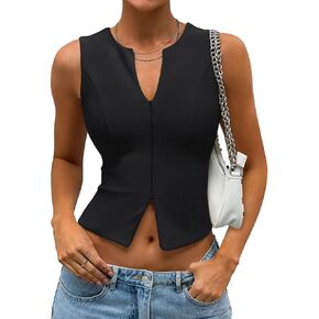 PINKMSTYLE Womens Tank Tops Sexy Crop Sleeveless Top V Neck Tight Double Lined Open Front Vest Zip Up Work Business Shirts in Saudi Arabia