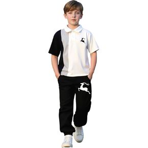 Teen Boys Color Block Polo Shirt and Animal Print Casual Pants Fall Winter Outfits Sets for Kids 8-12T in Kuwait