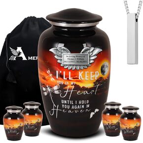 جرار رماد حرق الجثث للرماد البشري للرجال البالغين والأمهات والنساء - مجموعة ضوء القمر الأسود مكونة من 3 قطع مع جرة كبيرة واحدة وقلادتين تذكاريتين in Kuwait