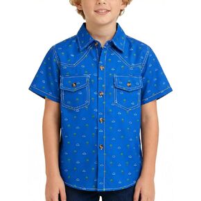 Boys Short Sleeve Button Down Shirt Cotton and Linen Casual Woven Shirts with Two Pockets for Kids 5-12 Years in Kuwait