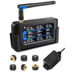 RV Tire Pressure Monitoring System Repeater All-Metal Sensor TPMS 66ft Range Tire Pressure Monitor System 6 Sensors 0-130 PSI Signal Booster Antenna Solar/USB Charging for SUV Trailer Travel Truck in Kuwait