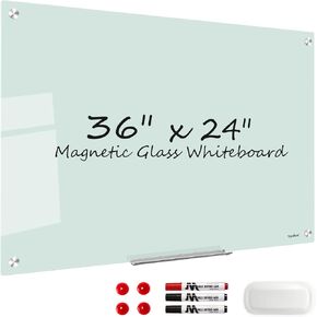لوح أبيض زجاجي للمسح الجاف - لوح أبيض زجاجي مغناطيسي من TANKEE مقاس 36 × 24 بوصة، لوح أبيض حديث كبير بدون إطار للجدار والمكتب والمنزل والمدرسة، مع صينية قلم تحديد، مقاس 3 × 2 بوصة in Kuwait