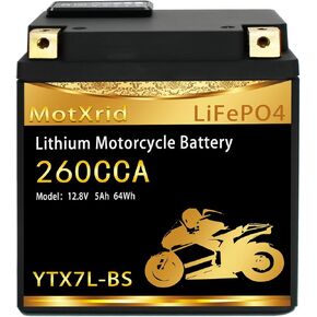 YTX7L-BS 260A Lithium LiFePO4 Motorcycle Battery, 12.8V 5AH, Fits for ATV,UTV,Jet Ski,PWC,Scooter,Lawn Mower,Tractor,Snowmobile,Smart BMS,Digital Readout,3X Cranking Amps,5X Life in Saudi Arabia