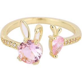 Dtja Dainty Pink CZ Bunny Rabbit Carrot حلقة قابلة للتعديل للنساء 14K مطلية بالذهب كريستال حيوان بيان قابل للتوسيع حلقات التفاف مفتوحة وعد لطيف عيد ميلاد عيد الفصح اكسسوارات المجوهرات هدية in Saudi Arabia