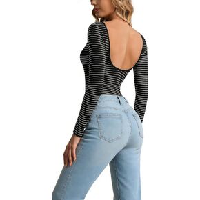 Long Sleeve Backless Black Bodysuit Stripe Tops Shirts Open Back Slim Fit Croop Neck Going Out Sexy Basic Tops in Kuwait