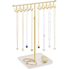 حامل قلادة حامل مجوهرات أنيق، رف منظم للقلادة الذهبية مع قاعدة سيراميك شجرة مجوهرات قابلة للتعديل للأساور والخواتم والأقراط والقلائد (ذهبي) in Kuwait