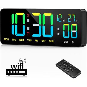 12" Large Digital Wall Clock WiFi Sync for Bedroom, Living Room, Classroom, WiFi Clock with Remote Control, Temperature, Timer, Dual Alarms, Dimmer, Auto DST, Voice Control in Saudi Arabia