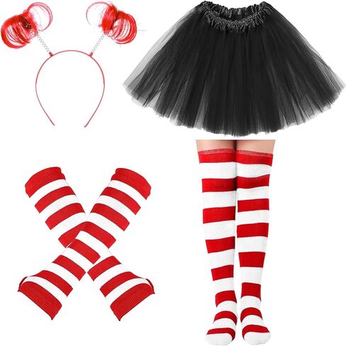 مجموعة أزياء توتو مكونة من 4 قطع من Hicarer للنساء تنورة توتو من التل وجوارب مخططة وقفازات قابلة للتمدد وعصابة رأس على شكل ذيل الحصان in Kuwait