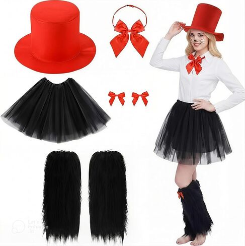 6 Pcs Cat Costume Accessory Set for Women Including Tall Hat, Tutu Skirt, Red Bowtie, Self Adhesive Satin Bows Furry Leg Warmers for Halloween, 100th Day of School Parties in Saudi Arabia
