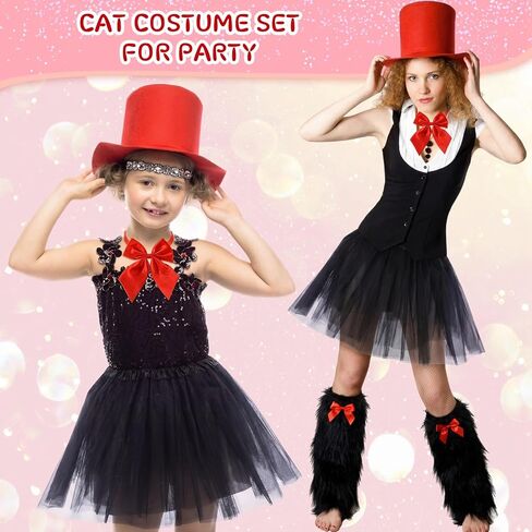6 Pcs Cat Costume Accessory Set for Women Including Tall Hat, Tutu Skirt, Red Bowtie, Self Adhesive Satin Bows Furry Leg Warmers for Halloween, 100th Day of School Parties in Saudi Arabia