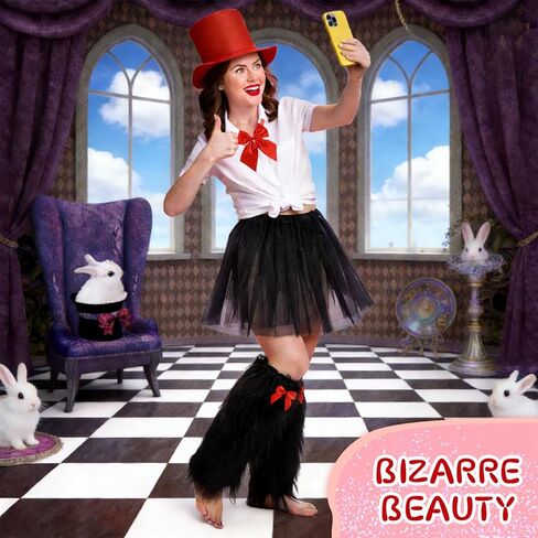 6 Pcs Cat Costume Accessory Set for Women Including Tall Hat, Tutu Skirt, Red Bowtie, Self Adhesive Satin Bows Furry Leg Warmers for Halloween, 100th Day of School Parties in Saudi Arabia