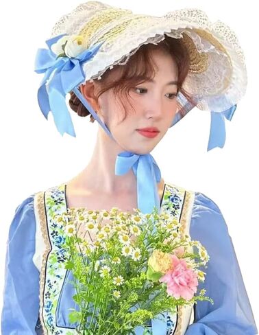 Victorian Womens Tea Party Sun Hat Lolita Bows Florals Flat Straw Hats Womens Wide Brim Sun Hat with Wind Lanyard in Kuwait