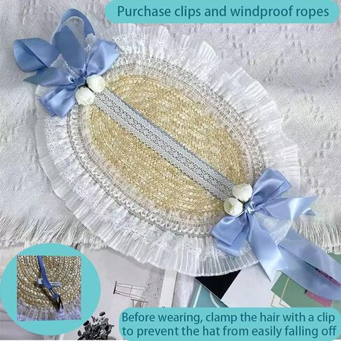 Victorian Womens Tea Party Sun Hat Lolita Bows Florals Flat Straw Hats Womens Wide Brim Sun Hat with Wind Lanyard in Kuwait
