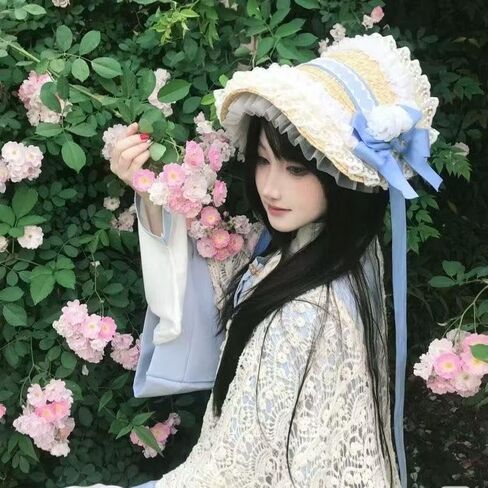 Victorian Womens Tea Party Sun Hat Lolita Bows Florals Flat Straw Hats Womens Wide Brim Sun Hat with Wind Lanyard in Kuwait