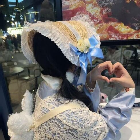 Victorian Womens Tea Party Sun Hat Lolita Bows Florals Flat Straw Hats Womens Wide Brim Sun Hat with Wind Lanyard in Kuwait