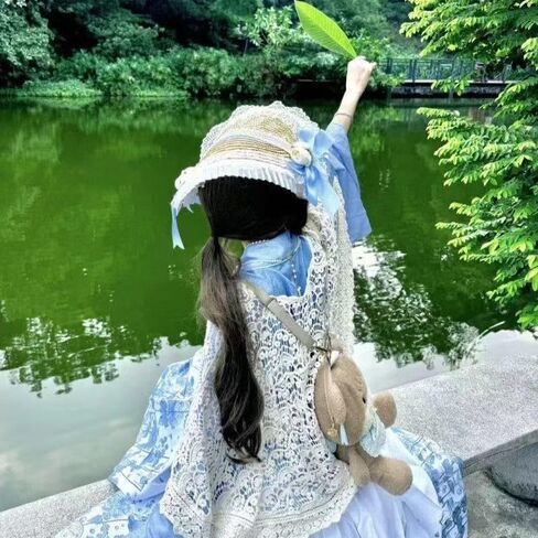 Victorian Womens Tea Party Sun Hat Lolita Bows Florals Flat Straw Hats Womens Wide Brim Sun Hat with Wind Lanyard in Kuwait