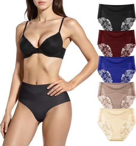 Womens High Waist Underwear Lace Panties Soft Breathable Ladies Hipster Panty Multi Briefs 5 Pack in Saudi Arabia