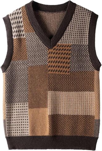 SHENHE Men's Brown Sweater Vest Vintage Plaid V Neck Patchwork Streetwear Sleeveless Sweaters in Saudi Arabia