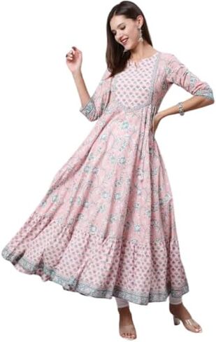 Women’s Cotton Anarkali Kurti – Pink Floral Printed Ethnic Wear Long Flair Kurta with 3/4 Sleeves in Saudi Arabia
