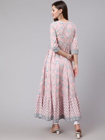 Women’s Cotton Anarkali Kurti – Pink Floral Printed Ethnic Wear Long Flair Kurta with 3/4 Sleeves in Saudi Arabia