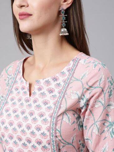 Women’s Cotton Anarkali Kurti – Pink Floral Printed Ethnic Wear Long Flair Kurta with 3/4 Sleeves in Saudi Arabia